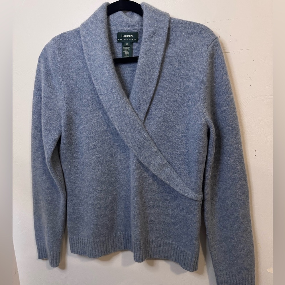 Lauren Ralph Lauren Blue Shawl Collar Sweater / Lambswool Angora Blend Knit /